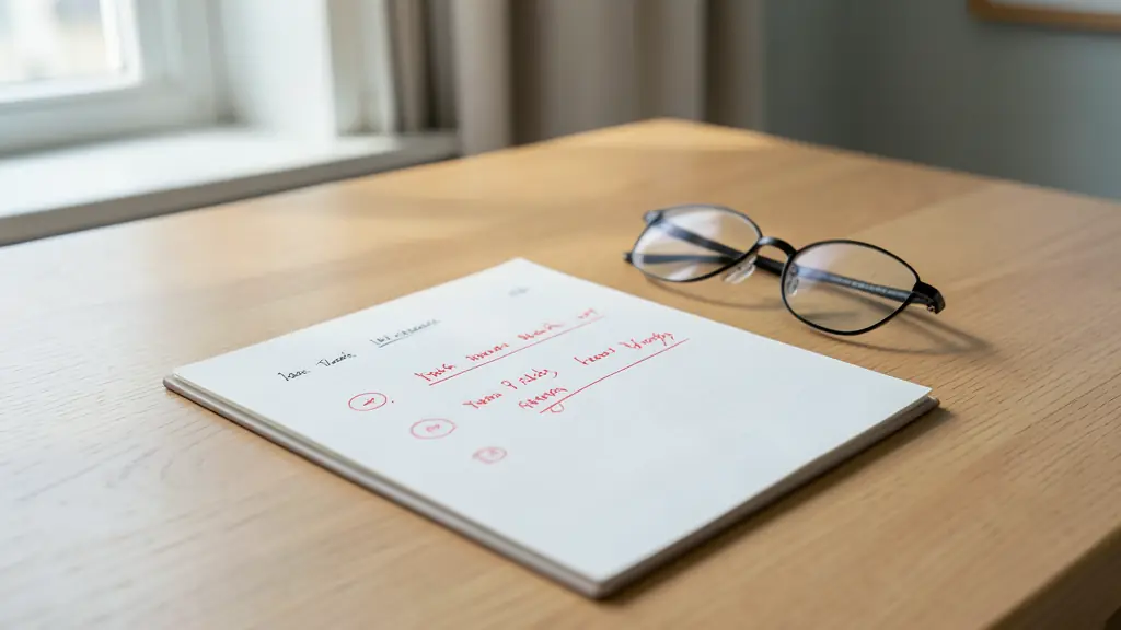 Manuscrit avec des corrections à l'encre rouge et des lunettes de lecture sur un bureau en bois