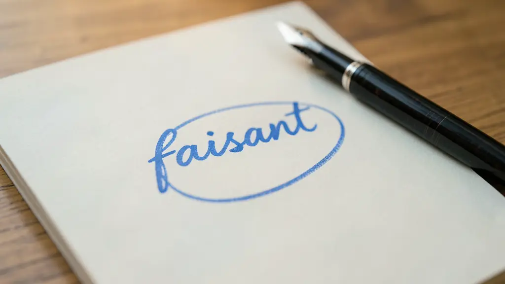 A close-up of a professional notebook and a fountain pen on a wooden desk, with a handwritten word 'faisant' clearly visible and circled in blue ink