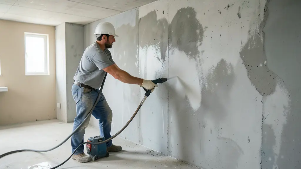 Nettoyage d'un mur de sous-sol en béton au nettoyeur haute pression avant l'application d'un enduit de cuvelage