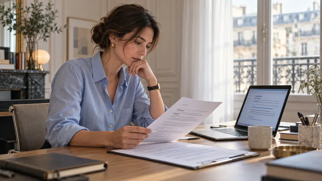 Office worker reviewing a complete English email beside a German draft, laptop and printed contract on a tidy desk, no text or logo