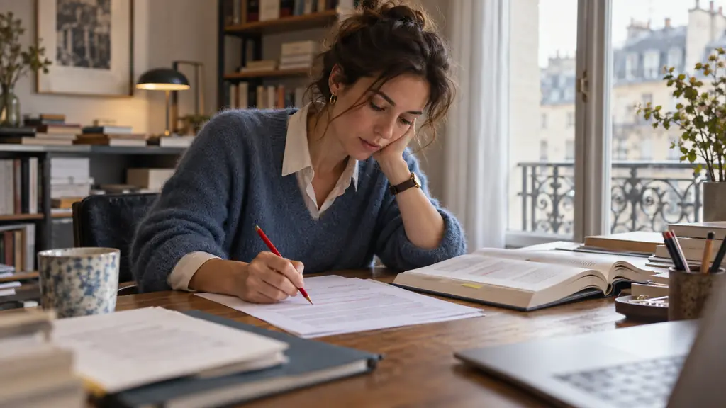 Bilingual editor checking German capital letters and formal pronouns on a printed business email, reference grammar book and red pencil, no text or logo