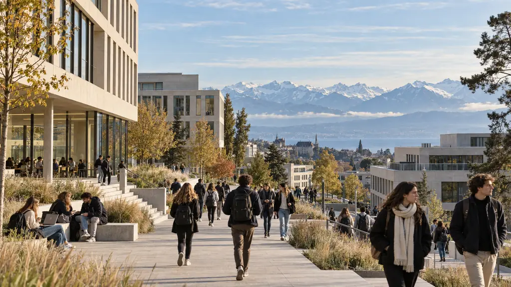 Editorial photograph of a university campus in Lausanne, with modern academic buildings, students walking and Swiss mountains in the background