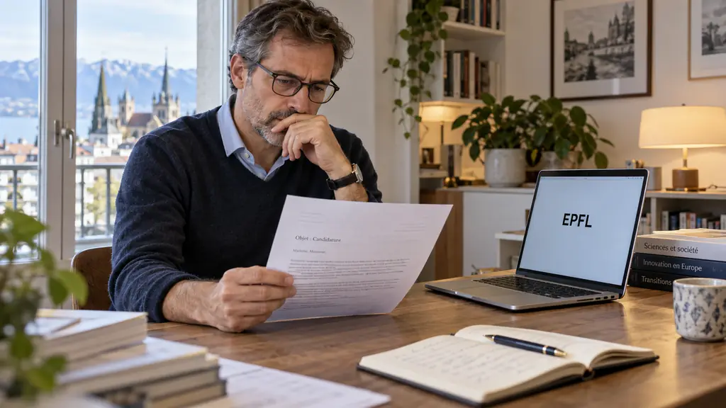 Editorial photograph of a professional reviewing a French application letter, with the acronym EPFL typed on a laptop screen and a notebook beside it