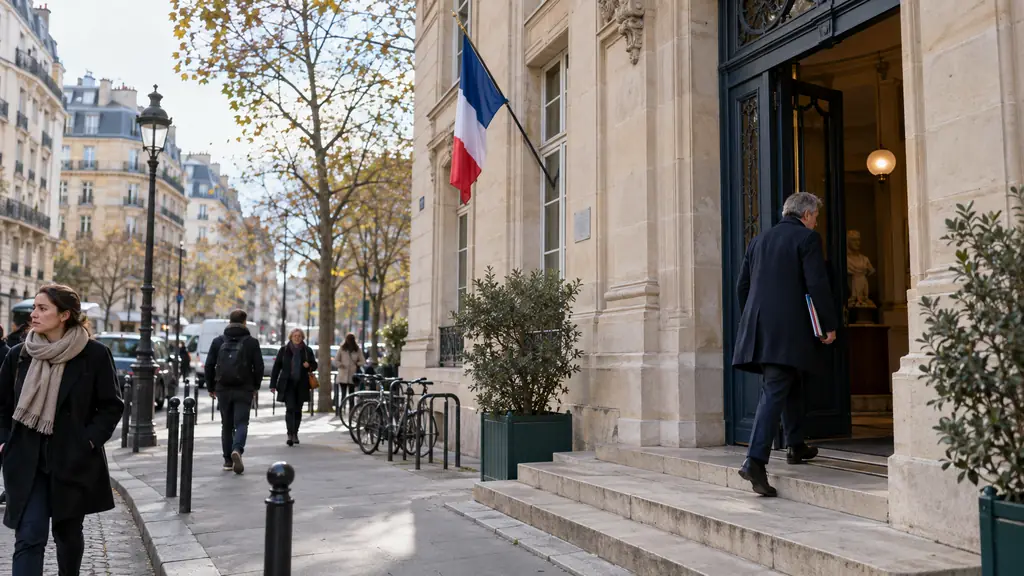 Editorial photograph of a Paris district town hall, a local elected official entering the building, urban street scene in the 20th arrondissement