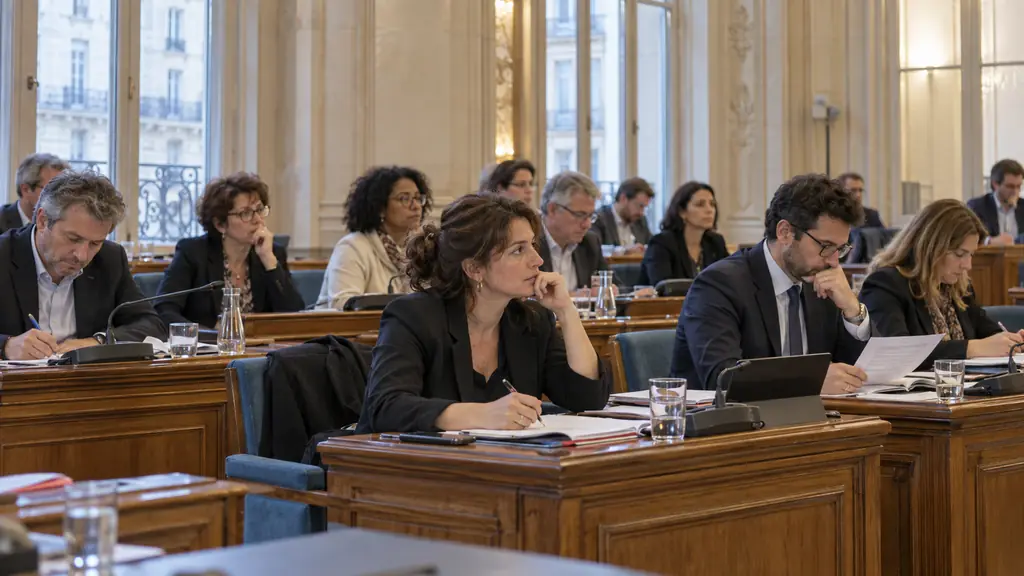 Institutional photograph inside a Paris arrondissement council chamber, local officials seated at wooden desks, French municipal setting without visible logos