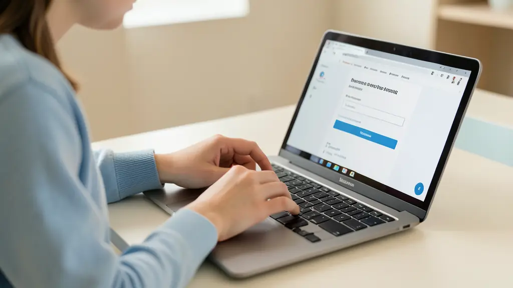 student opening a secure login page on a laptop, hands checking the keyboard and browser address bar, no visible text or logo