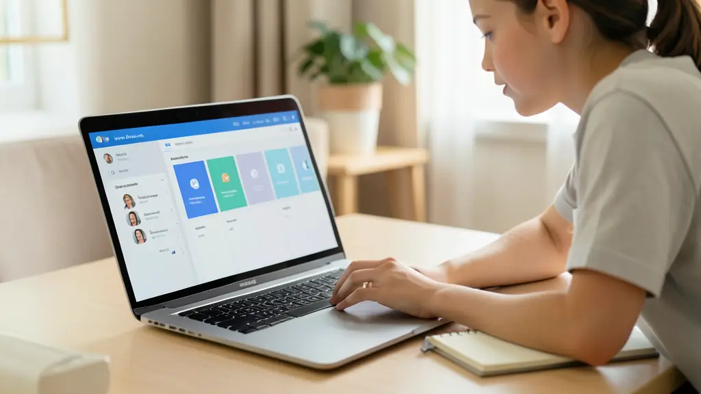 student viewing a digital dashboard on a laptop, profile menu and service tiles visible without readable text, notebook beside the computer