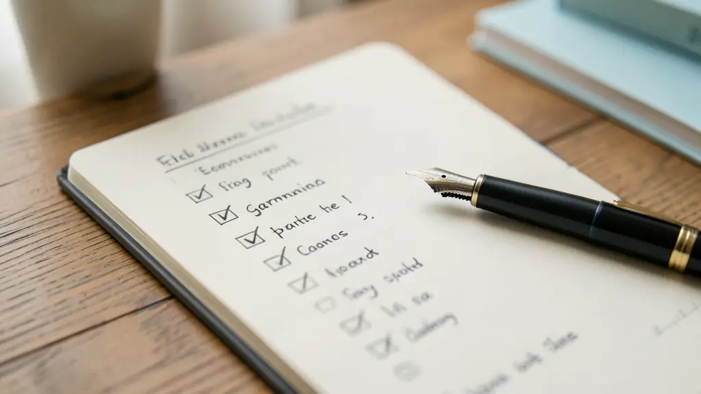 Carnet professionnel et stylo plume sur un bureau avec une liste de vérification pour la conjugaison du verbe être