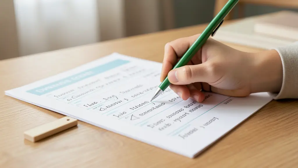 A close-up of a child's hand checking a grammar exercise with a green pen, a structured study plan on a wooden desk, and a simple correction key nearby.