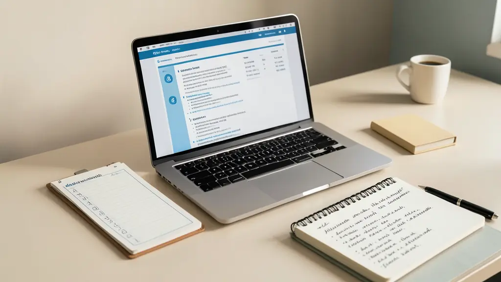 Bureau professionnel avec une liste de vérification, un ordinateur affichant un programme et un carnet de notes sur les