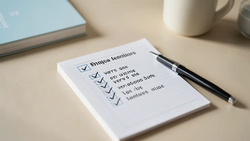A clean workspace with a notebook, a pen, and a checklist showing Spanish verb endings with small checkmarks next to them, editorial style, natural lighting