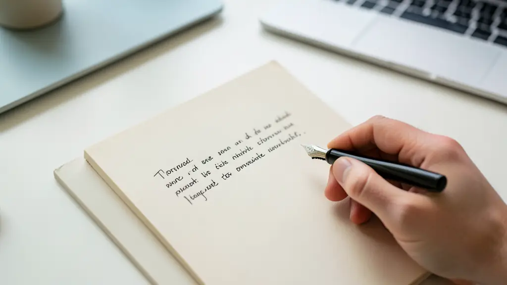 A top-down shot of a professional notebook and a fountain pen on a clean white desk, with a blurred laptop in the background, focusing on the act of proofreading a handwritten sentence