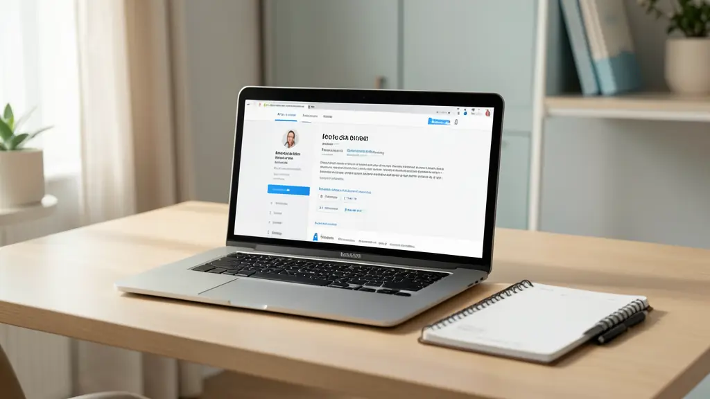 Bureau professionnel avec un ordinateur portable affichant un e-mail, un carnet et un stylo