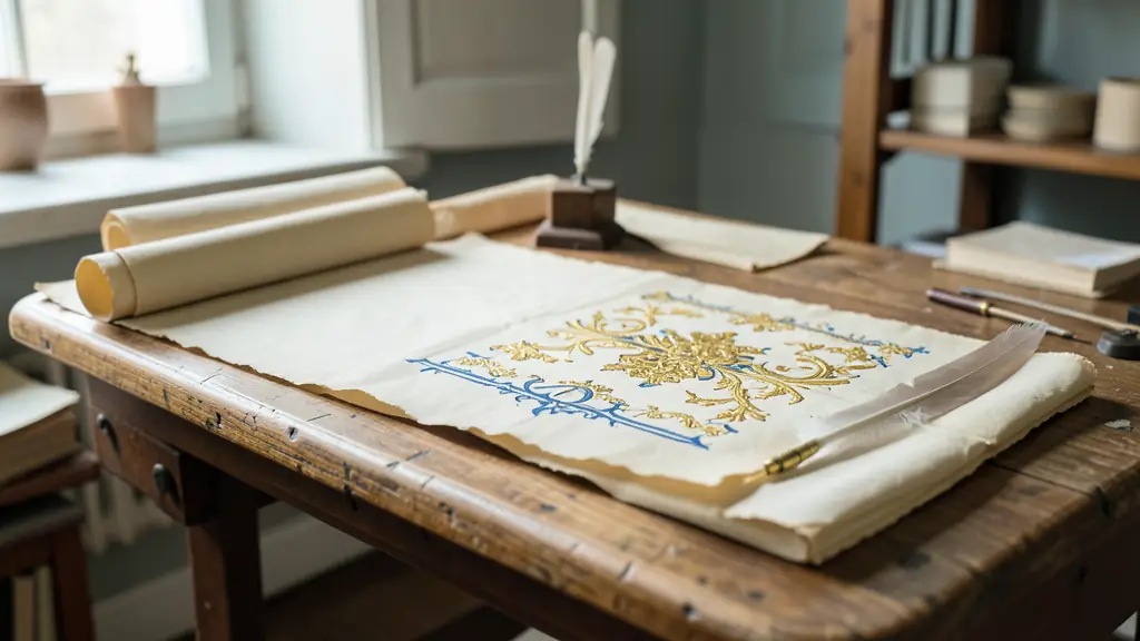 A detailed editorial photograph of a medieval scriptorium, showing a wooden desk with parchment, a quill pen, and a partially completed manuscript with gold leaf illuminations and intricate blue initials.