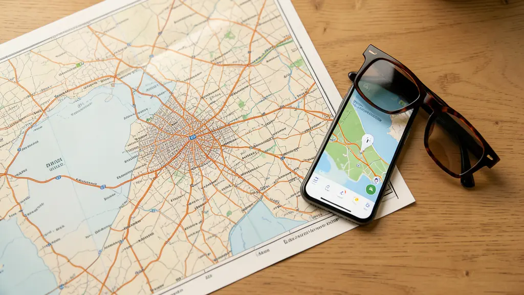 Carte routière détaillée de la Tunisie posée sur une table en bois à côté d'un smartphone avec GPS