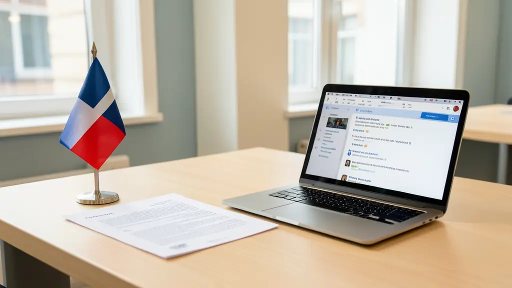 A professional office setting in Luxembourg, with a desk featuring a French-language official document, a small Luxembourgish flag, and a laptop showing a multilingual email exchange.