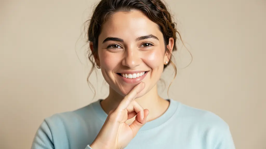 A close-up of a person performing the LSF thank you sign, hand moving away from the chin, with a warm smile and direct eye contact, editorial style, neutral background
