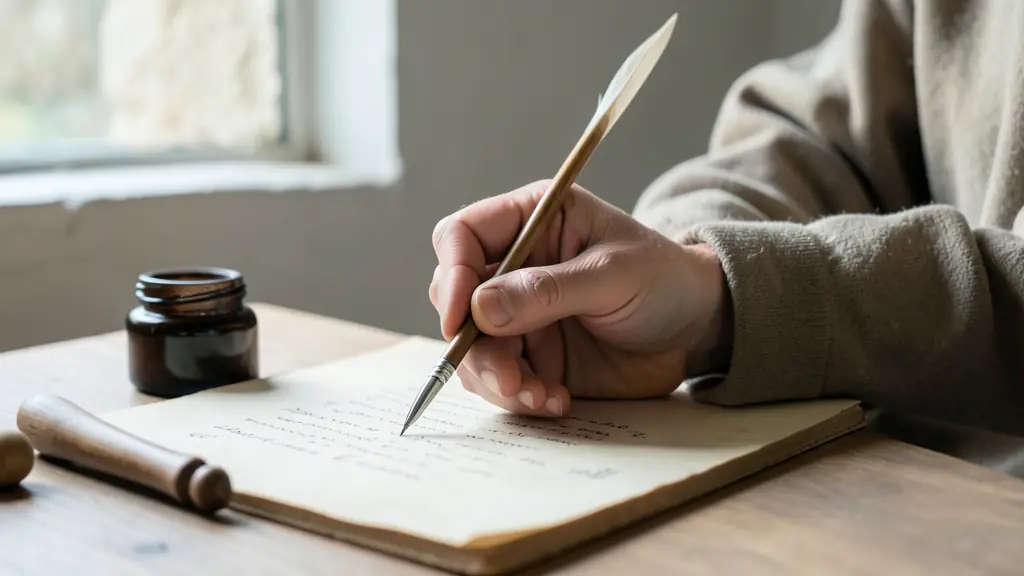 A detailed close-up of a medieval monk's hand using a quill on parchment, with a wooden lutrin and an inkwell nearby, soft natural light from a stone window, editorial style