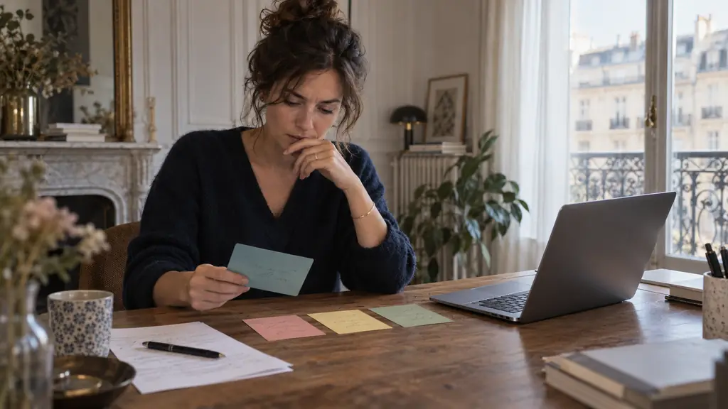 Editorial photograph of an adult at a desk comparing four color-coded study cards beside a laptop, with a printed professional email and a pen, no visible text or logo