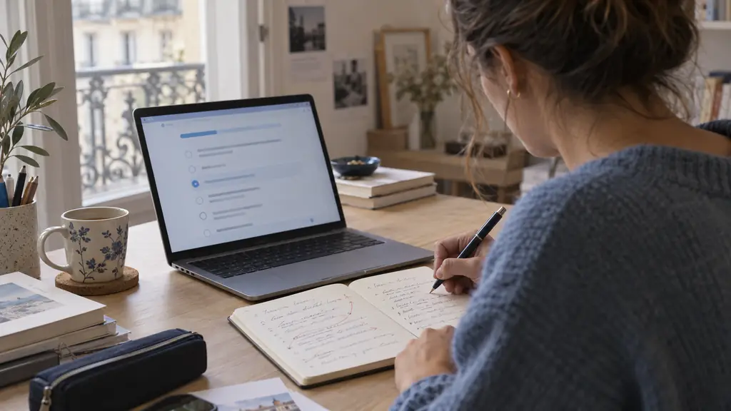 Editorial photograph of an adult writing a corrected grammar rule and a professional email example in a small notebook beside an open laptop displaying a short quiz, no visible text or logo