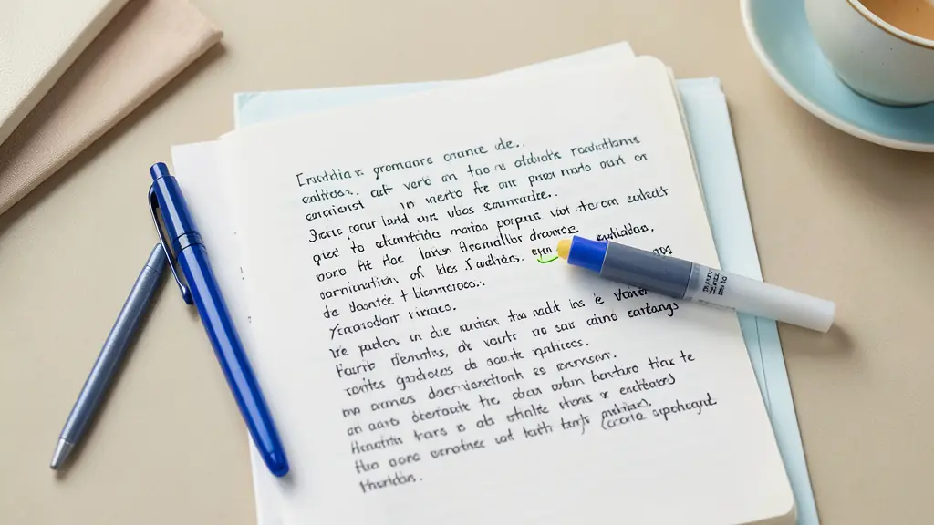 Carnet de grammaire ouvert avec un stylo bleu et un surligneur pour réviser les verbes du premier groupe