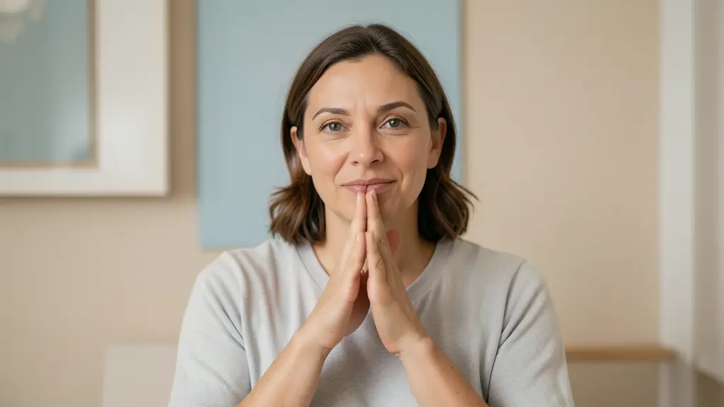 Deaf signer demonstrating thank you with an open dominant hand near the chin, joined fingers, neutral indoor background