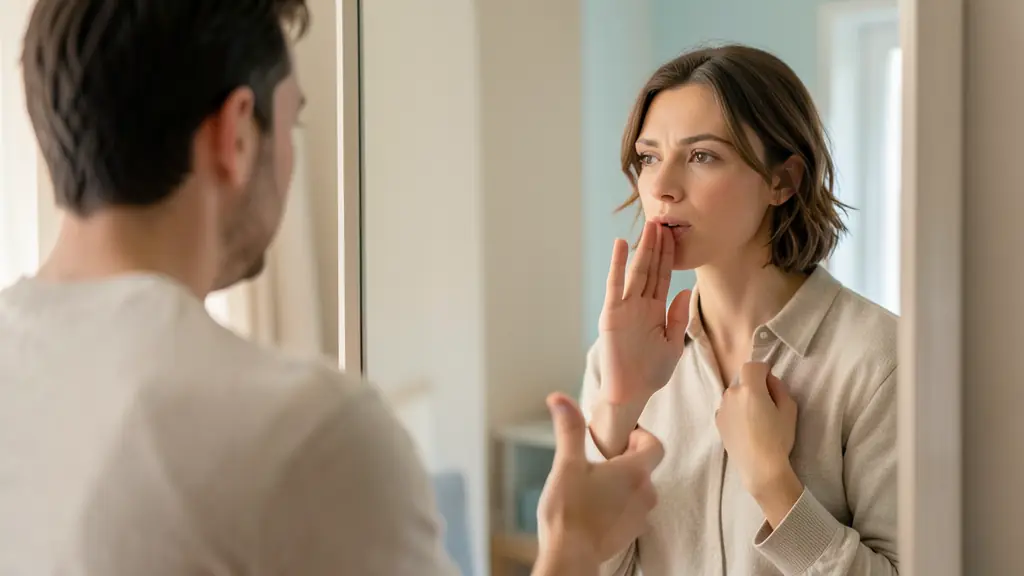 Adult practicing the thank you sign in front of a mirror, open hand near the lips, attentive facial expression