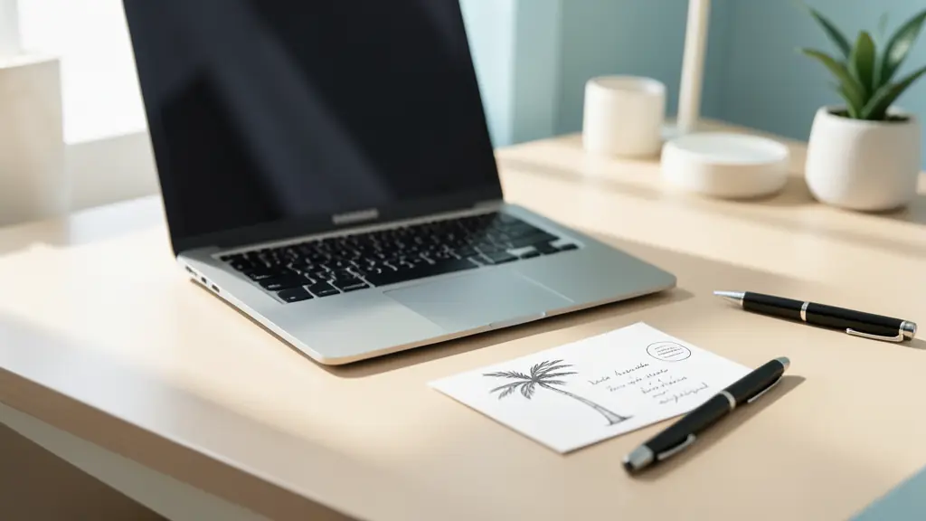 Bureau professionnel avec un ordinateur portable et une carte postale illustrée d'un palmier