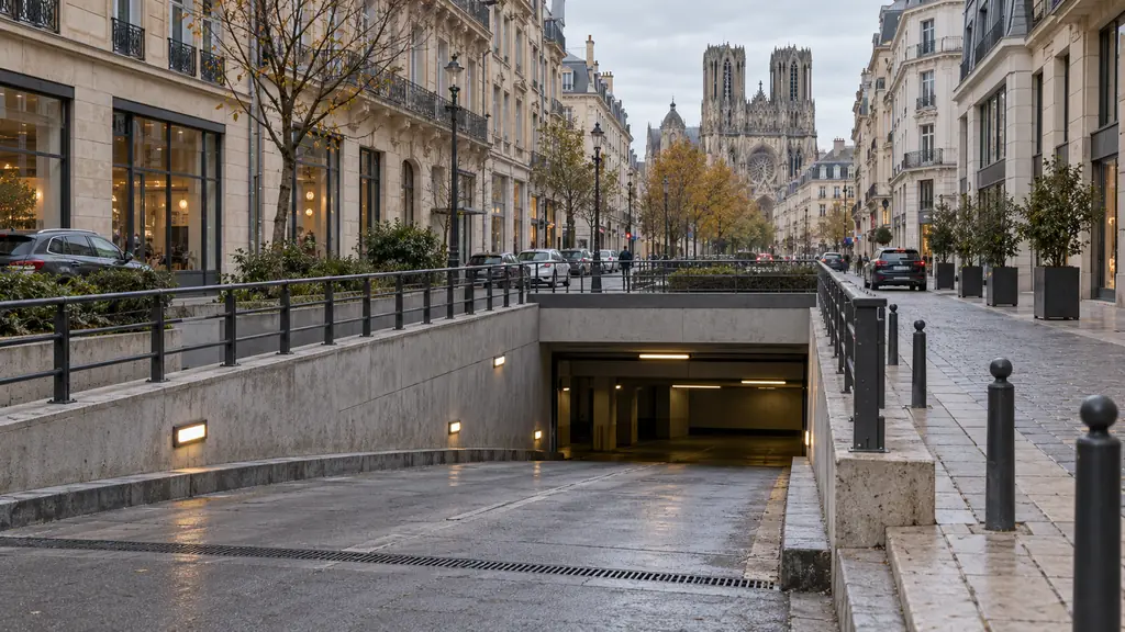 Underground car park entrance near Place Drouet-d’Erlon in Reims, access ramp and surrounding city street, no visible text or logos