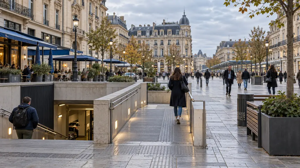 Pedestrian exit from an underground car park on Place Drouet-d’Erlon, nearby station direction and accessible urban walkway, no text or logos
