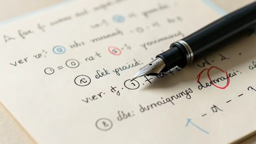 Stylo plume posé sur un exercice de conjugaison avec des terminaisons de verbes entourées et une correction au rouge