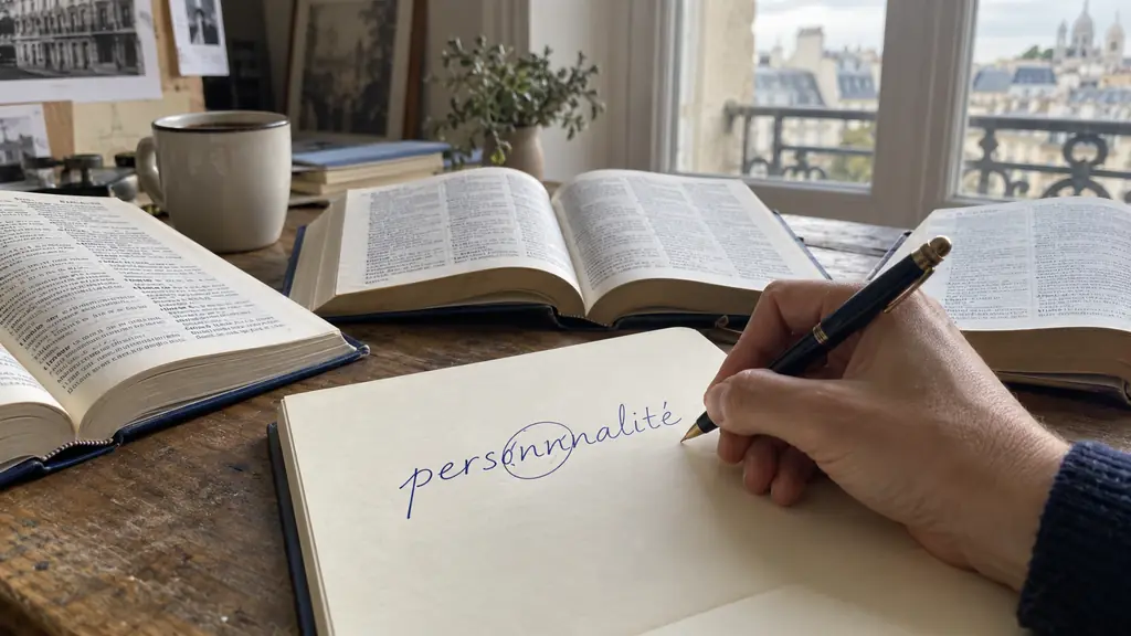 close-up photograph of a person writing the word personnalité in a notebook beside three open French dictionaries, with the double n visibly circled, no text overlay or logo