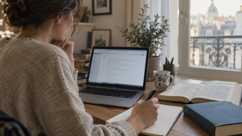 editorial close-up photograph of a person reviewing an email on a laptop beside an open French dictionary and a closed English dictionary, with a notebook and pen in hand, no legible text or logo