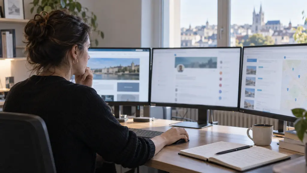 close-up editorial photograph of a person comparing a company website, a LinkedIn profile and a French business directory on three screens in a Nantes office, no visible text or logos