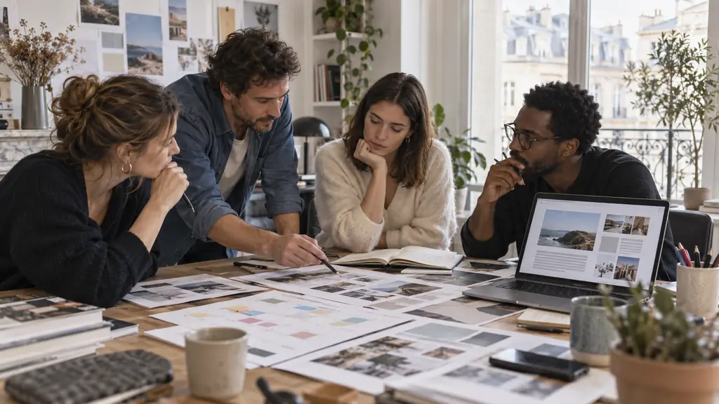 editorial photograph of a creative team reviewing an editorial calendar, a draft web article and marked-up copy on a desk, no visible text or logos
