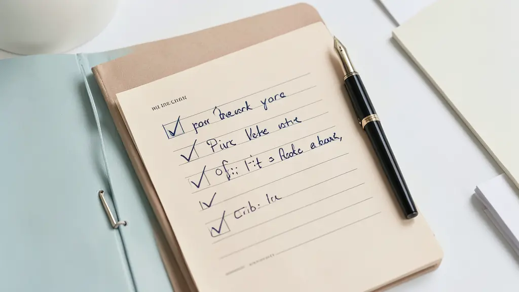 Carnet professionnel et stylo plume sur un bureau blanc avec une liste de vérification grammaticale manuscrite