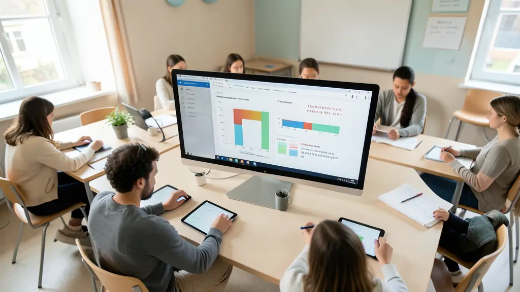 Élèves en classe utilisant des tablettes avec un écran affichant des barres de progression du Projet Voltaire