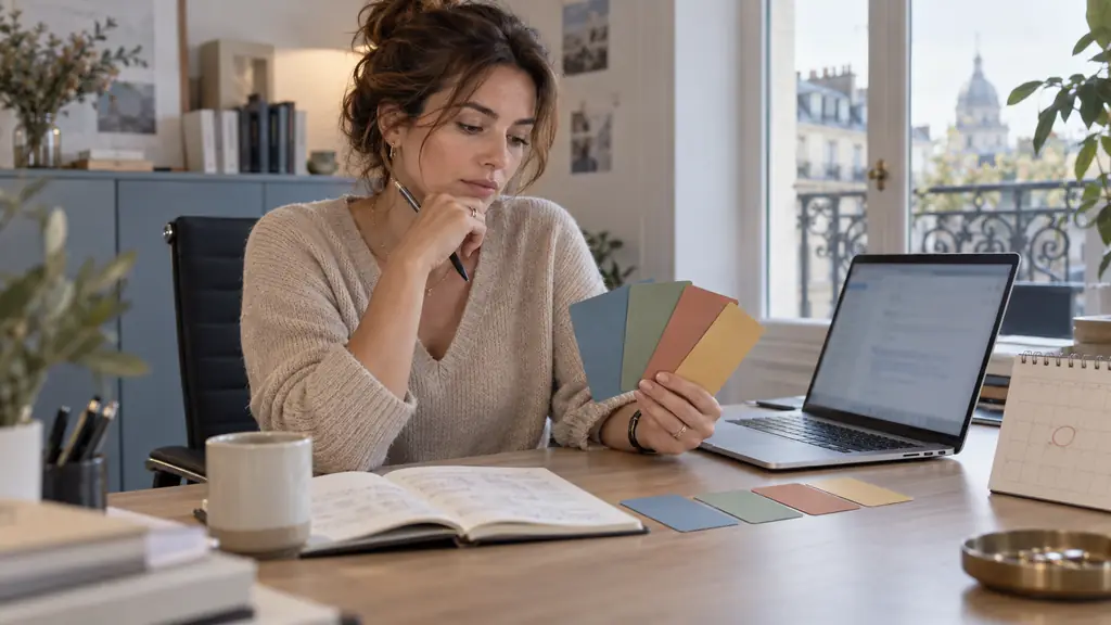 French professional woman comparing four color-coded study cards beside a laptop with a blurred email draft, an open grammar notebook and an evaluation date marked on a paper calendar, natural office light, editorial photography, no visible text or logo