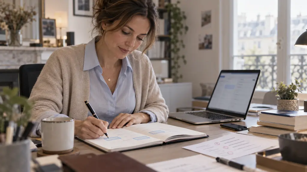 French professional woman marking three short study sessions in a paper agenda beside a laptop displaying a blurred professional email and a grammar exercise card, natural office light, editorial photography, no visible text or logo