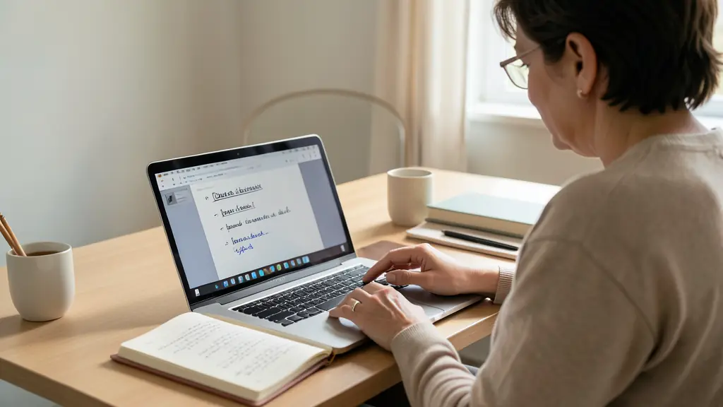 Deaf adult learner watching a signed educational video on a laptop, French grammar notebook open, quiet home workspace