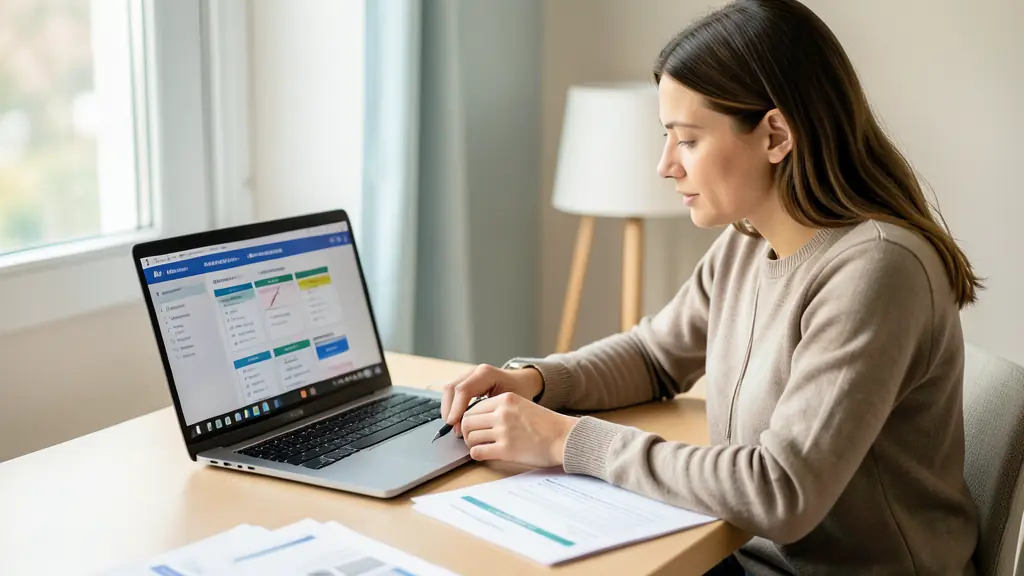 Adult learner reviewing an accessibility checklist beside a laptop, video demonstration on screen, training documents on desk
