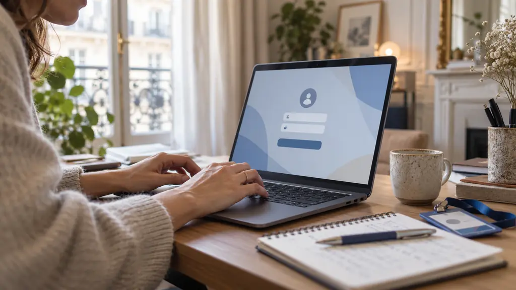 Close-up editorial photograph of a person entering credentials on a laptop beside a school notebook and a professional access card, generic login fields visible with no readable text or logo