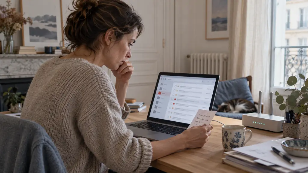 Editorial photograph of a person checking a spam folder on a laptop while holding a handwritten login identifier beside a home internet router, no readable text or logo