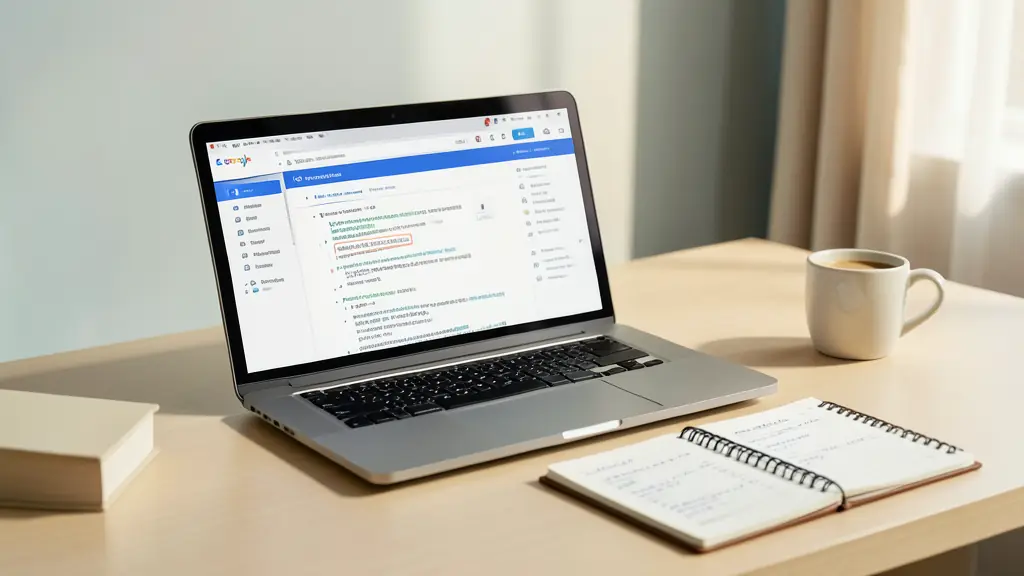 Bureau de rédacteur SEO avec un ordinateur affichant Search Console et un carnet de mots-clés