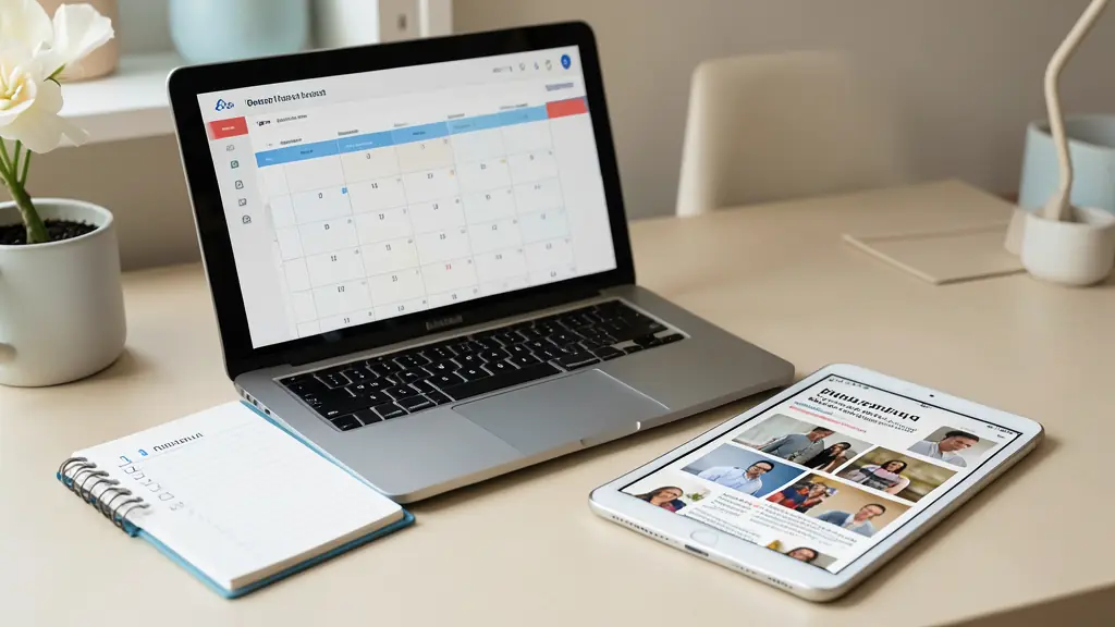 Espace de travail professionnel avec un calendrier éditorial et une checklist de rédaction web SEO