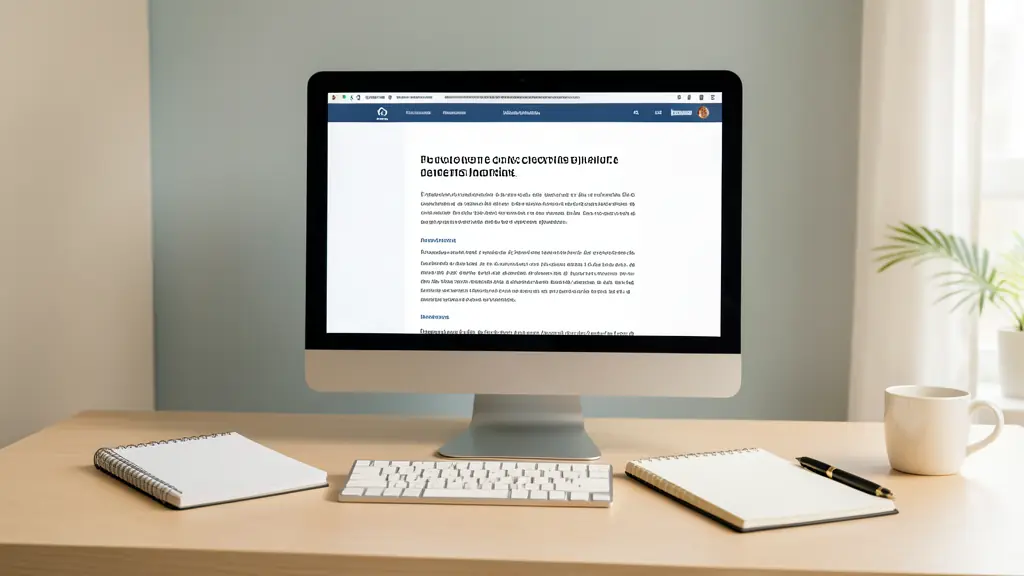 Bureau moderne avec un ordinateur affichant un document juridique en anglais, un carnet et un stylo