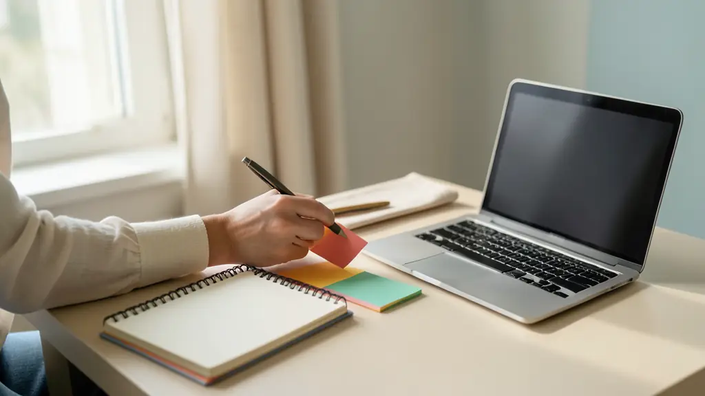 Editorial photograph of a writer organizing colored index cards beside a notebook and a laptop, no readable text, no logos