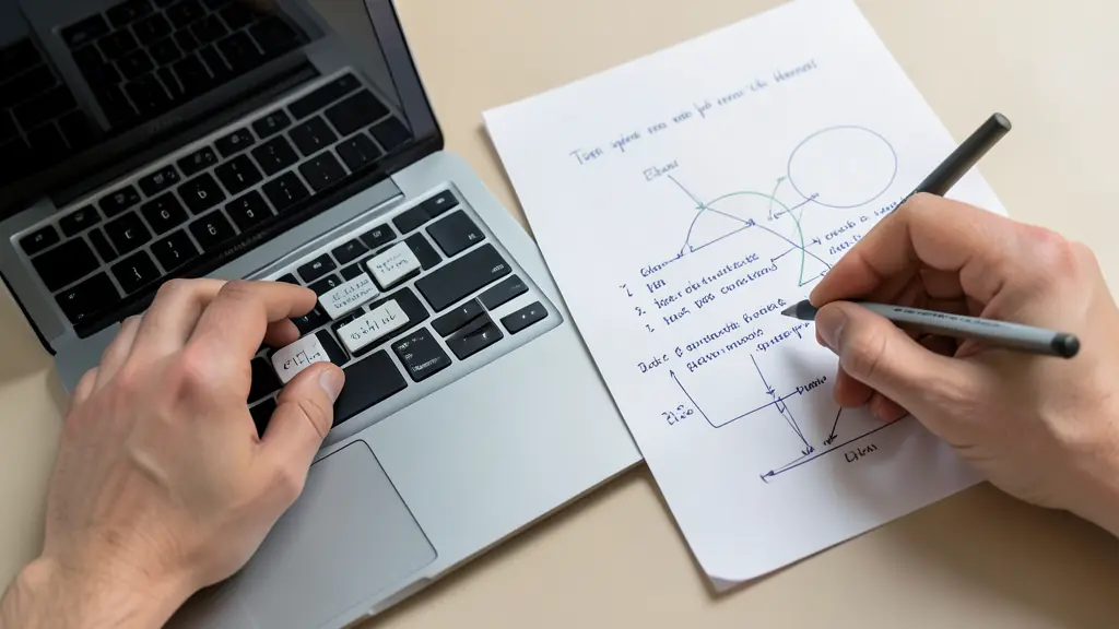 Editorial photograph of hands revising short paragraph blocks on a laptop beside a marked-up paper draft and a link diagram, no readable text, no logos