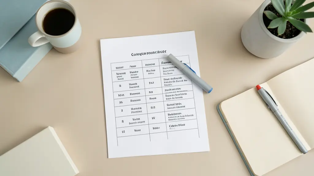 Bureau organisé avec un tableau de conjugaison imprimé, un surligneur et un carnet de notes